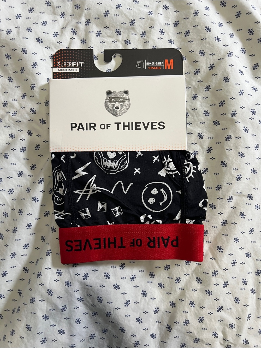 Pair of Thieves Men's Black Graphic Boxer Briefs with Red Waistband - M